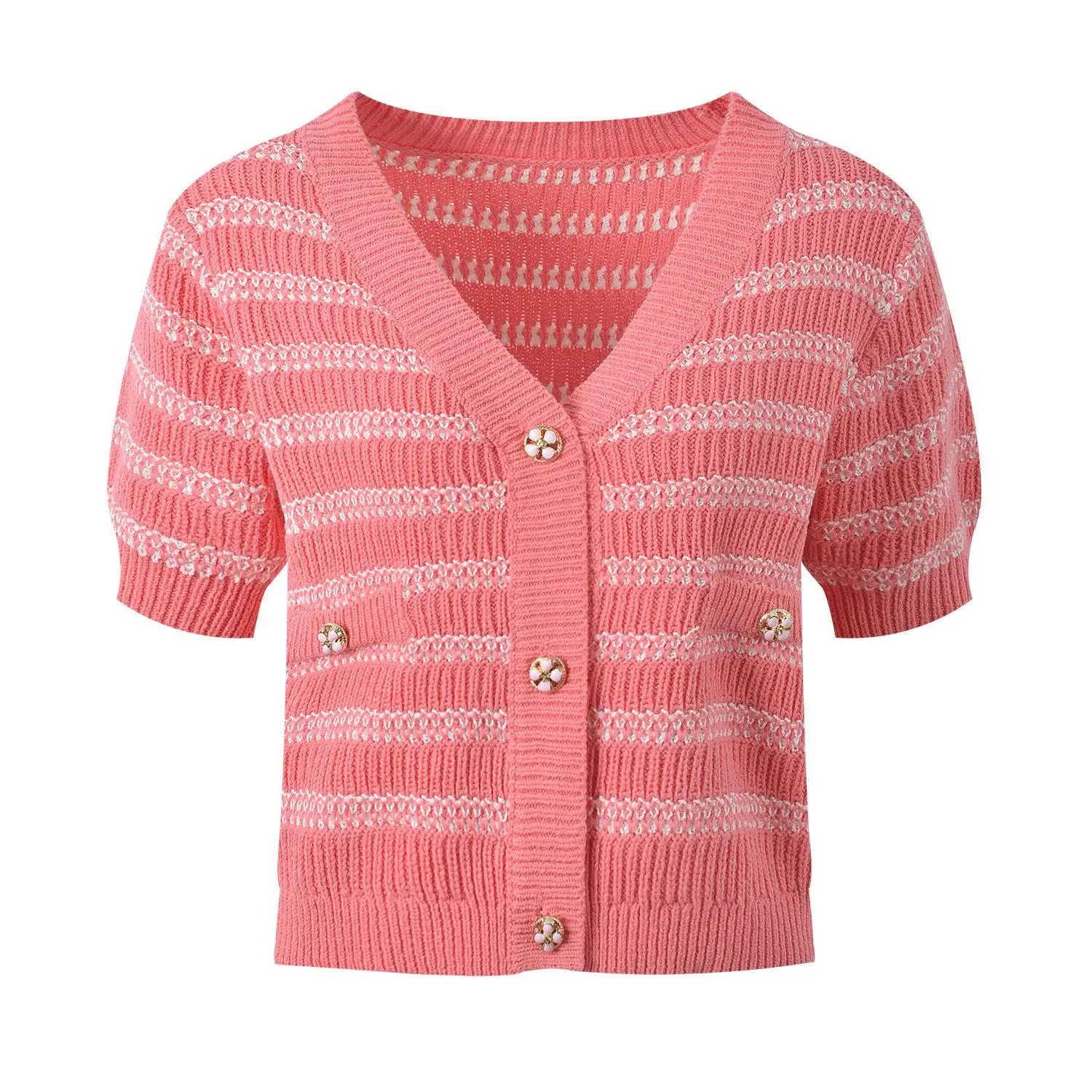 2024 Summer Contrast Color Stripe V-neck Single-Breasted Short sleeve Knit cardigan Fashion Commuter Versatile Age-Reducing S...