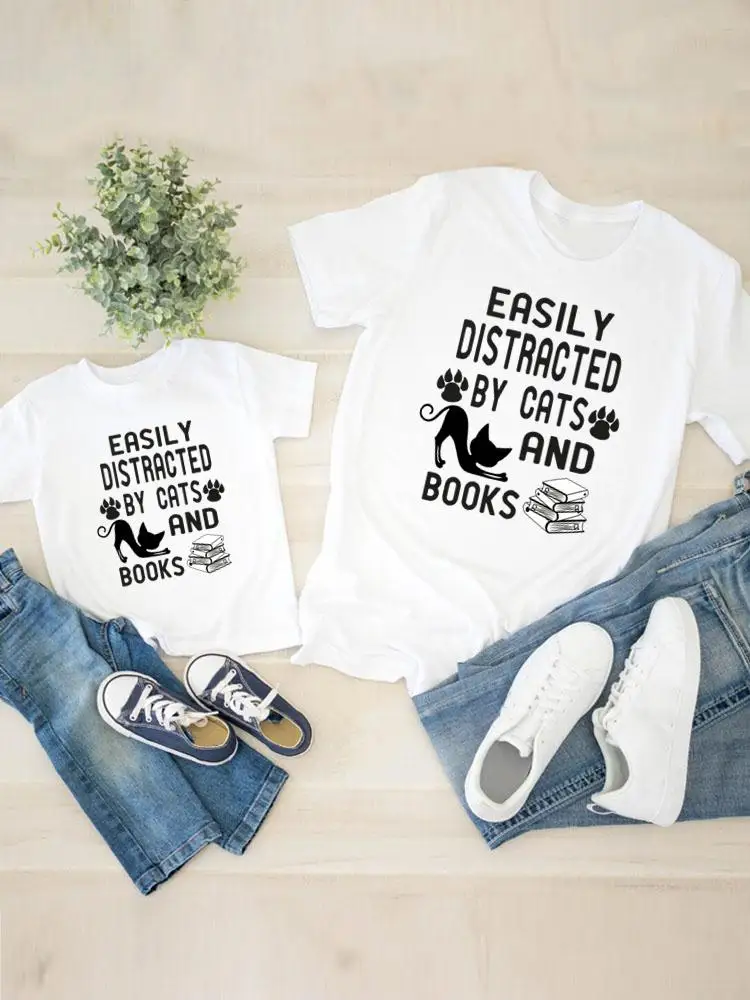 

Women Child Kid Cat Letter Trend Animal Clothing Graphic T-shirt Tee Boy Girl Summer Mom Mama Clothes Family Matching Outfits
