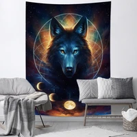 galaxy wolf tapestry moon phase hippie bohemia trippy mandala wall hanging aesthetic living room decoration yoga bedroom blanket