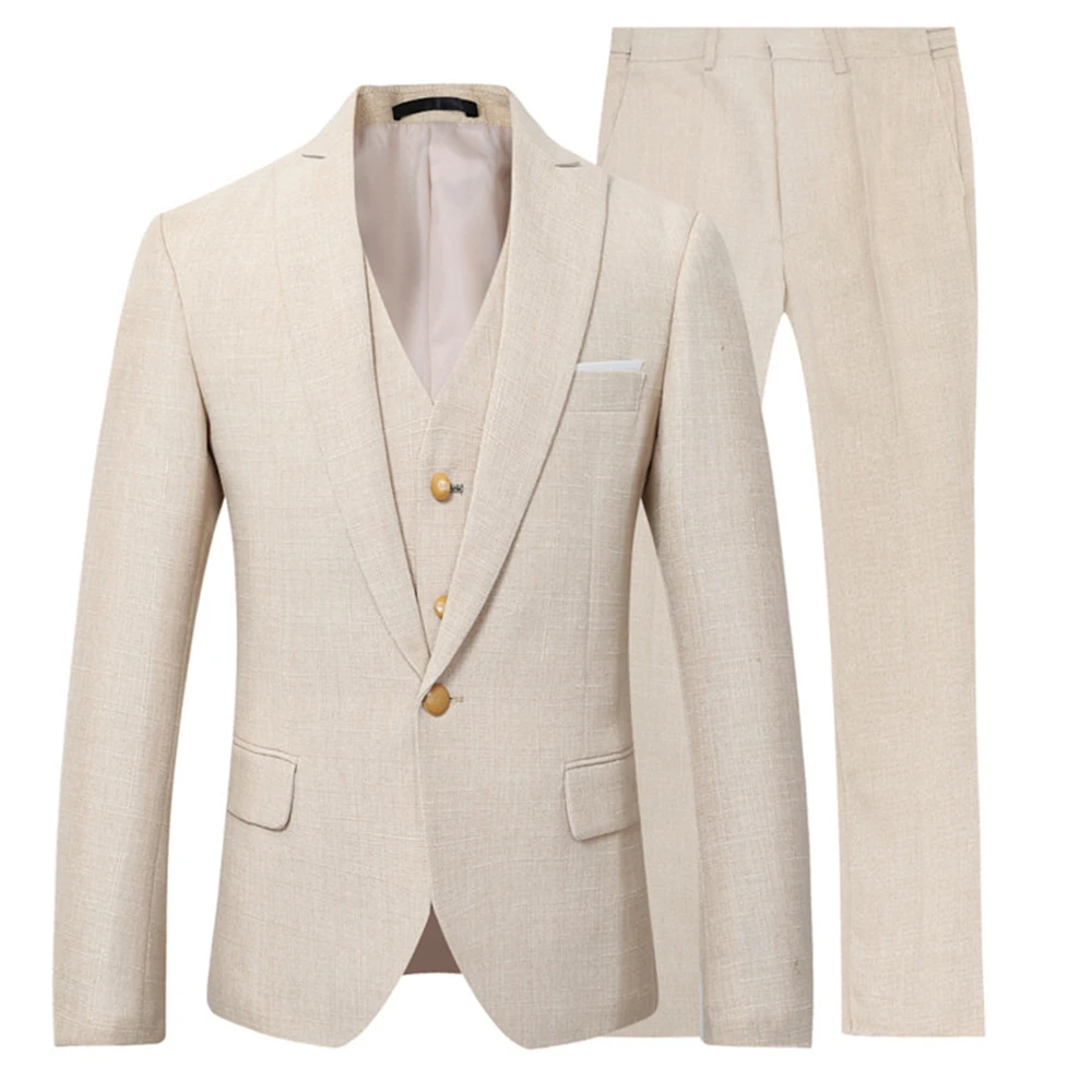 2022 New Arrival Men's Shawl Collar Beige Linen Suits Hot Selling Custom Made One Button Handsome Casual Wear Blazer 3 Pieces