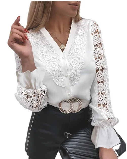 

Vintage Solid White Lace Blouse Shirts Women New Korean Button Loose Shirt Tops Female Hollow Casual Ladies Blouses Blusas Tops