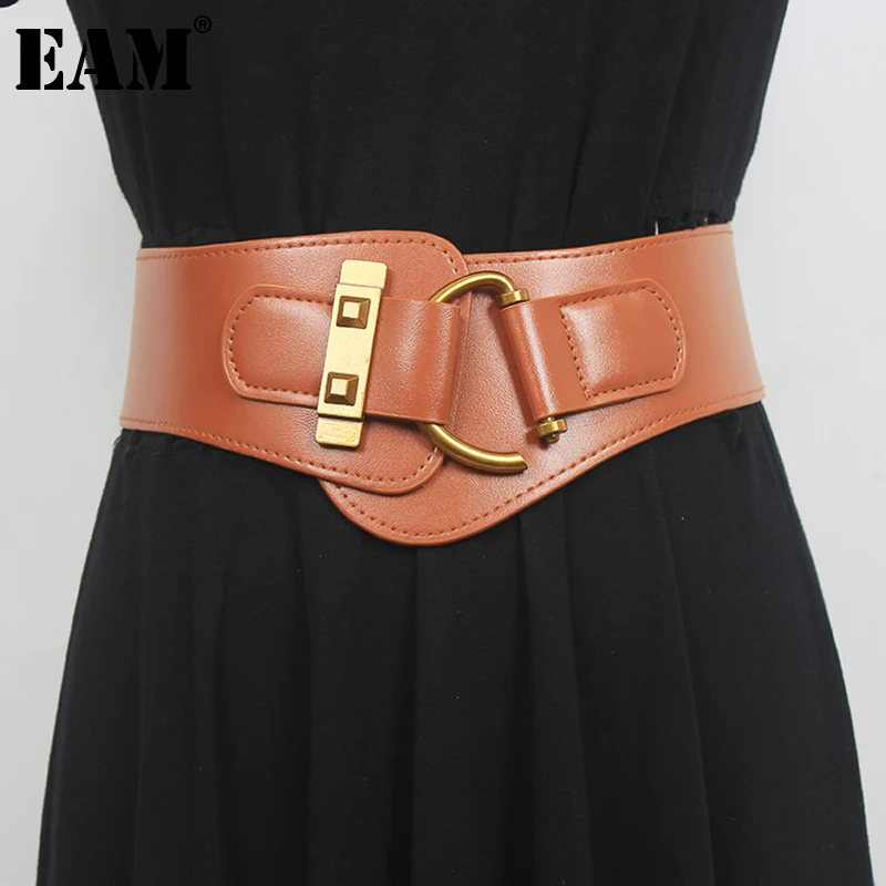 

[EAM] Pu Leather Camel Elastic Irregular Wide Belt Personality Women New Fashion Tide All-match Spring Autumn 2022 1DE4244