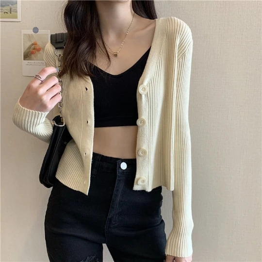 

Beige Button Simple Cardigans Sweaters V-Neck Long Sleeve Fungus Tops Solid Knitwear Women's Sweater Cardigan Coat Cloth Suéter