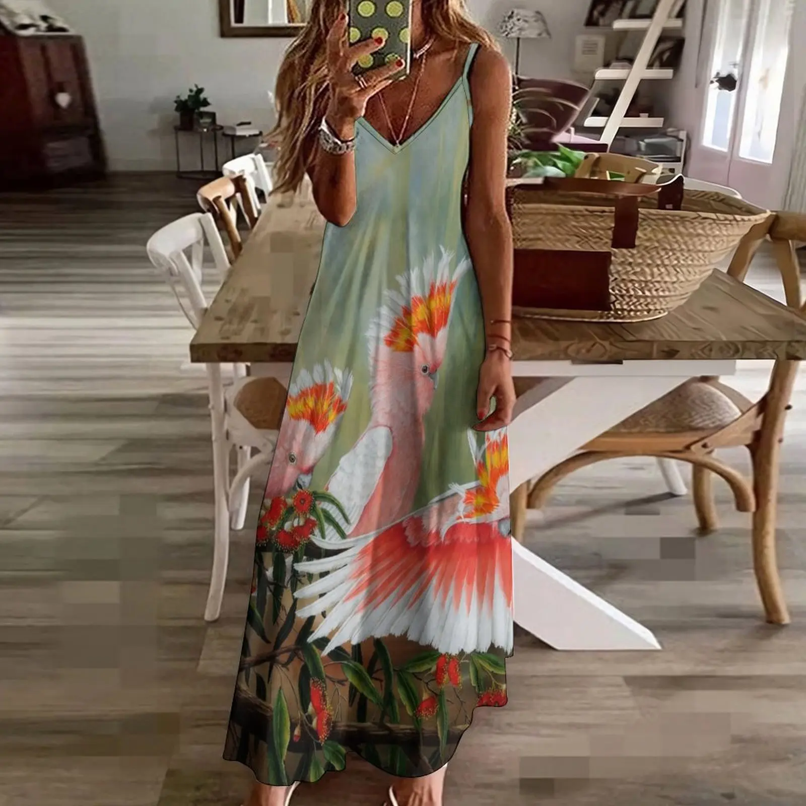 Длинное платье без рукавов с австралийскими попугаями Major mitchells вечерние платья