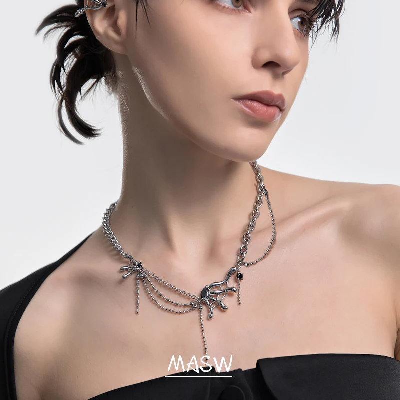 

MASW Original Design Cool Net Pendant Necklace Luxury High Quality Brass Thick Silvery Plated Chain Necklace For Women Jewelry