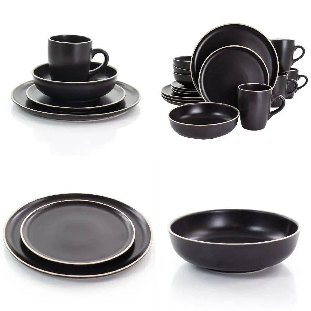 

Chic, Durable 16-Piece Black Porcelain Stoneware Dinnerware Set – Dishwasher Safe Plates, Mugs & Bowls for Everyday Use