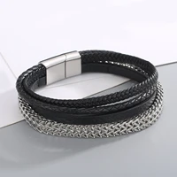 haoyi stainless steel link chain leather bracelet for men fashion punk rock cowhide rope cuff luxury jewelry accessories