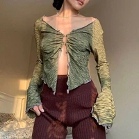 y2k streetwear v neck tees e girl sexy button up slit crop top vintage 90s aesthetics ruffles button hollow out green tee