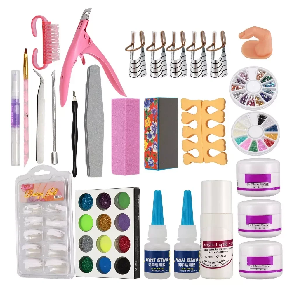 

NEW2023 Nail Art Set Acrylic Liquid Glitter Powder File Brush Form Tips Tools DIY Kit #27set