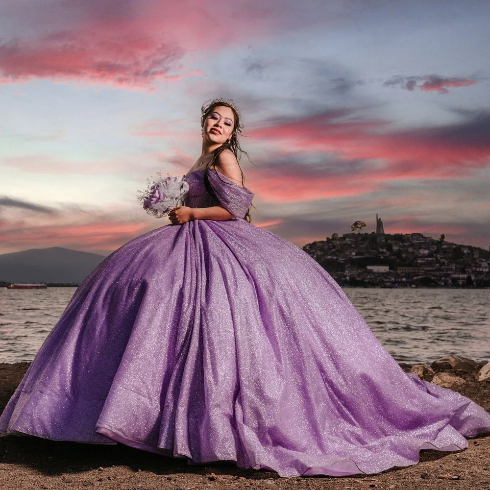 

Glittering Lavender Quinceanera Dresses Off The Shoulder Beading Corset Floor Length Vestidos De 15 Anos