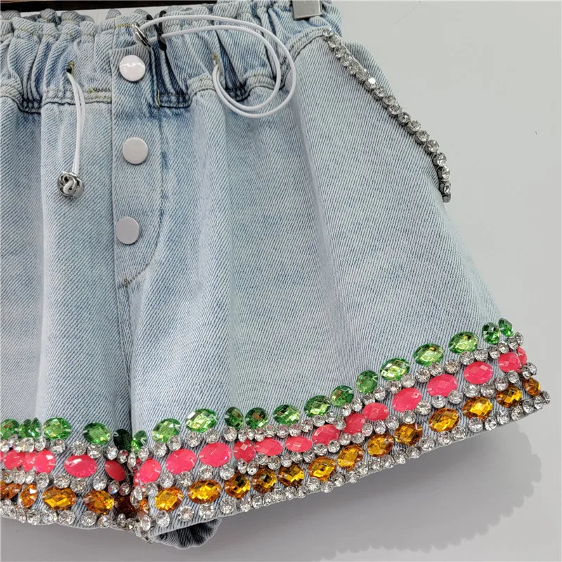 Fashion Heavy Industry Beads High Waist Shorts Slimming Wide-Leg Casual Loose Shorts High Street Style Denim Shorts for Women