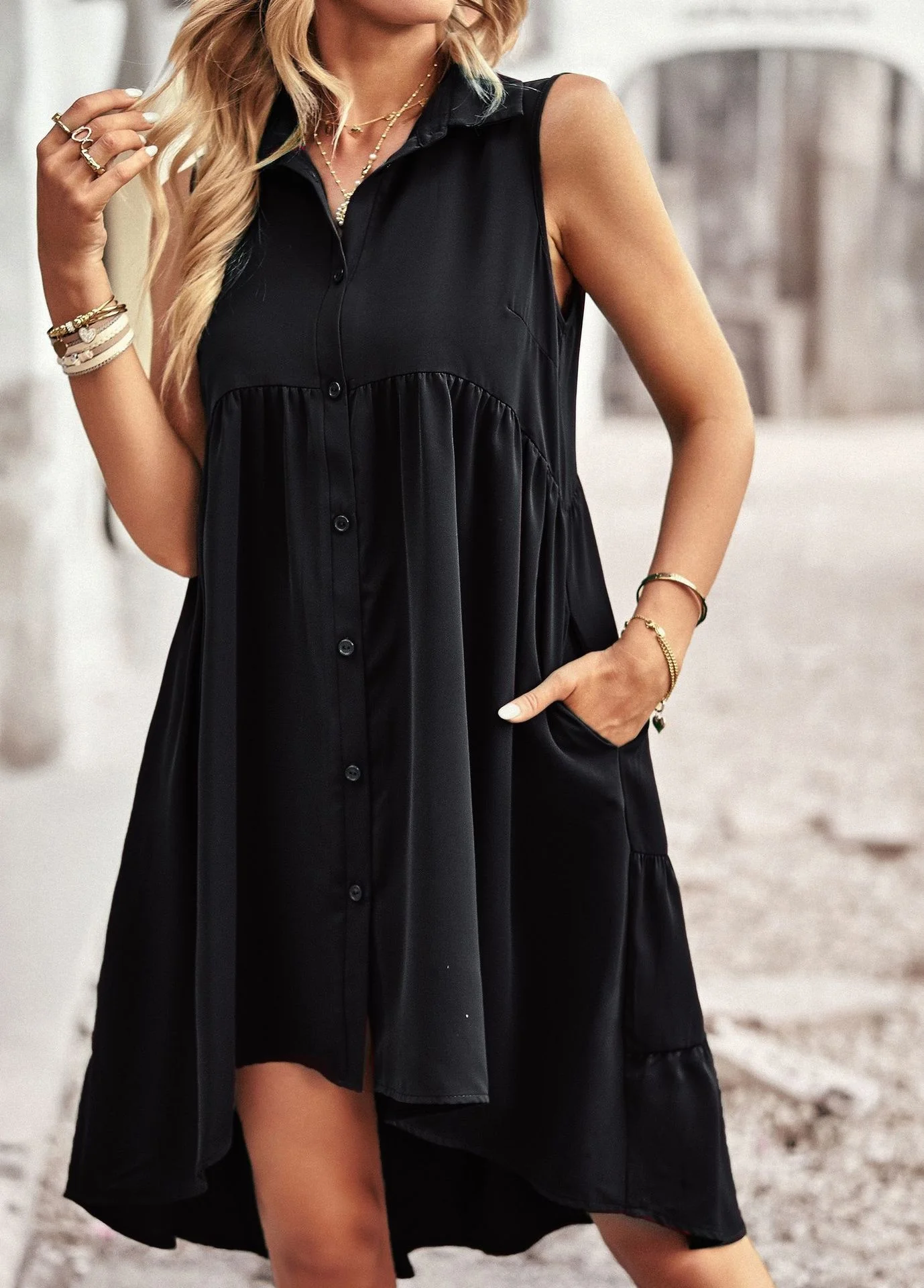 

elegant casual dress design of an ins style dress for 2023 summer sleeveless front short back long A-line skirt