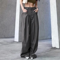 weiyao gray solid baggy wide leg trousers womens pockets ribbon design casual loose size hippie haram pants streetwear joggers