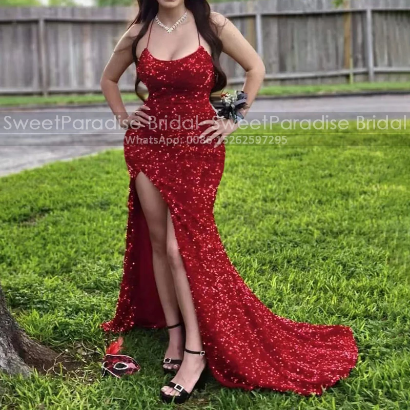 

Женское вечернее платье-Русалка с высоким разрезом, длинное платье-футляр со шлейфом и блестками, платье для выпускного вечера