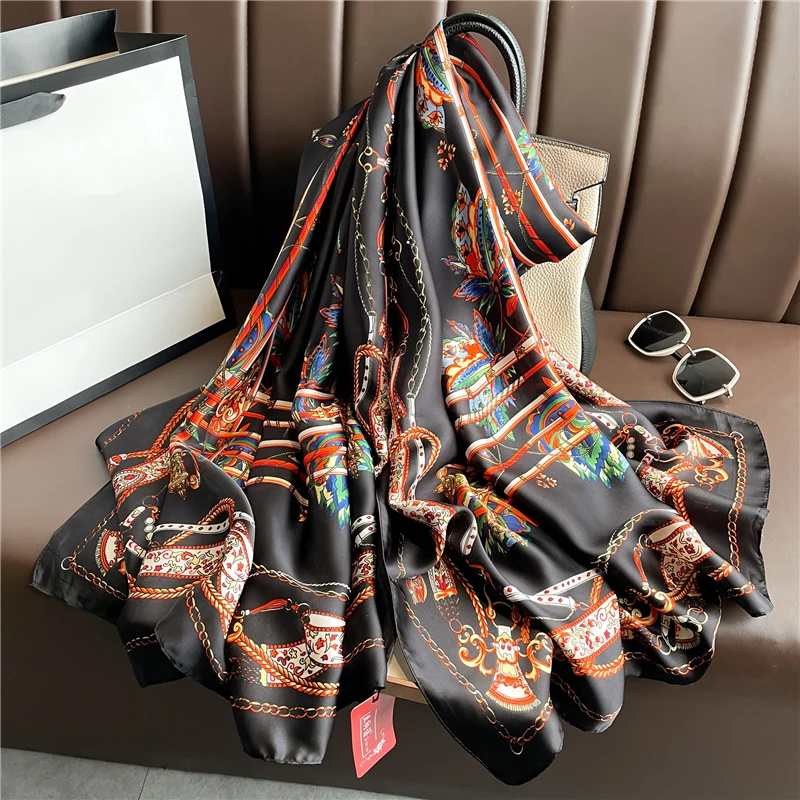 

Роскошный шелковый шарф для женщин с принтом большая шаль и накидка хиджаб Женская повязка на голову пляжный Палантин из фуляра бандана ...