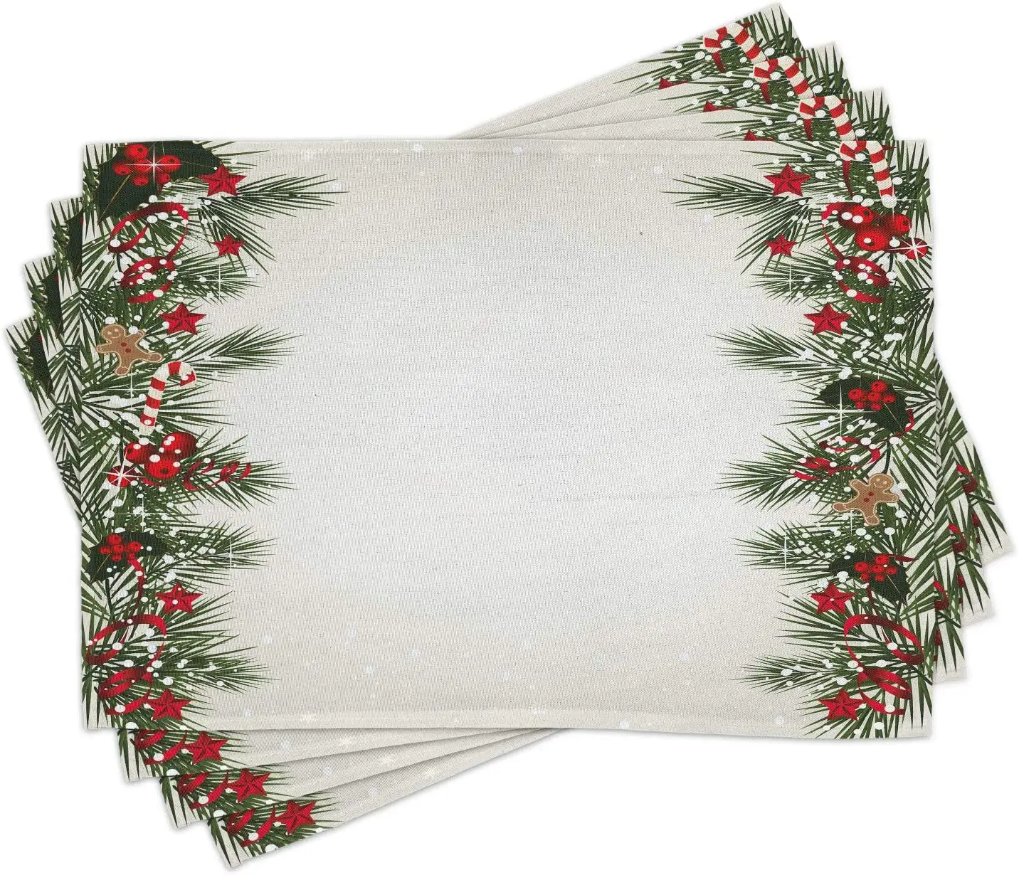 

Christmas Place Mats Set of 4 New Year's Eve Tree Branch Border with Berry Ribbons Gingerbread Man Washable Fabric Placemats