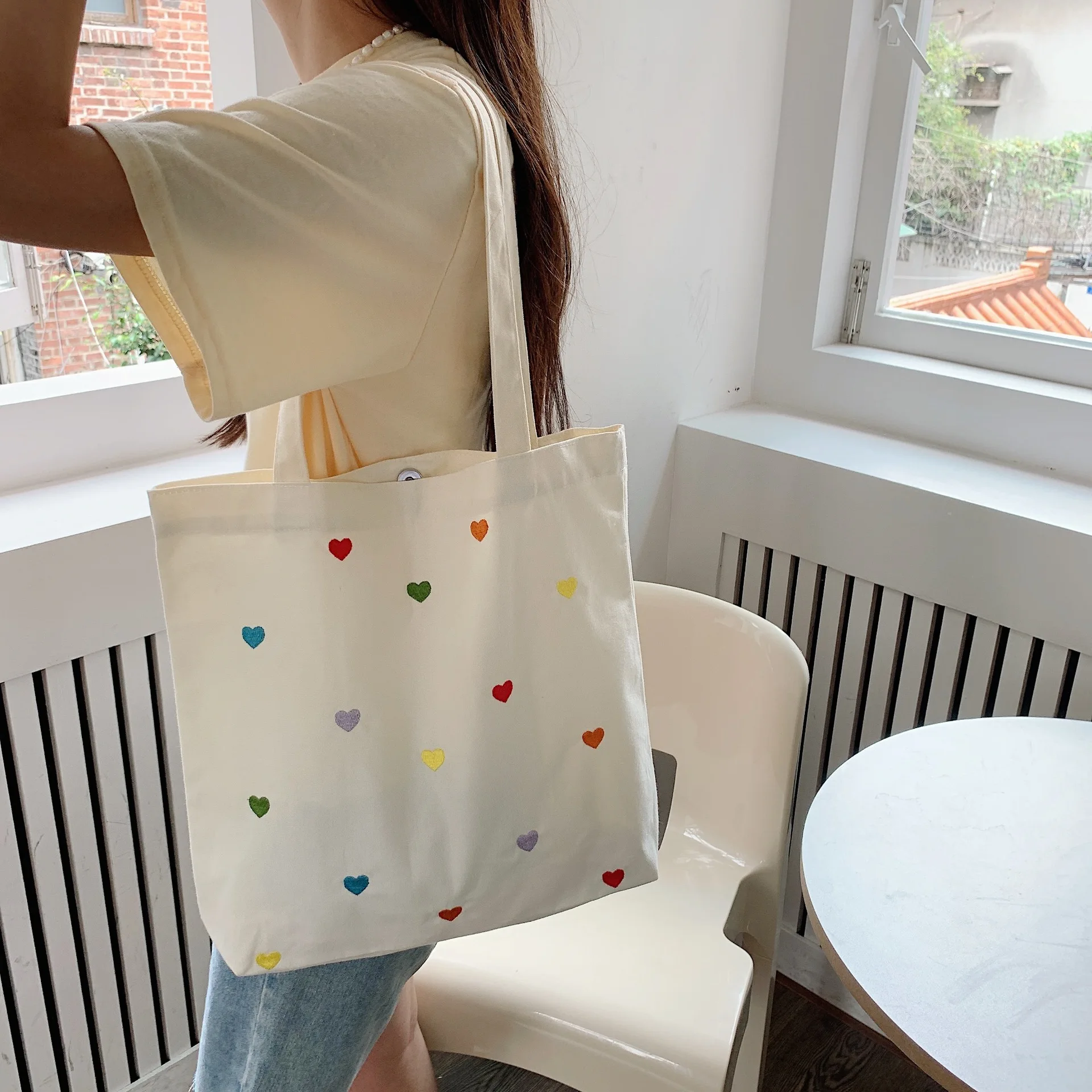 

Korean Cute Heart Bag For Women Canvas Reusable Shopper Shoulder Shopping Tote Bag Casual Female Books Sundries Storage Handbag