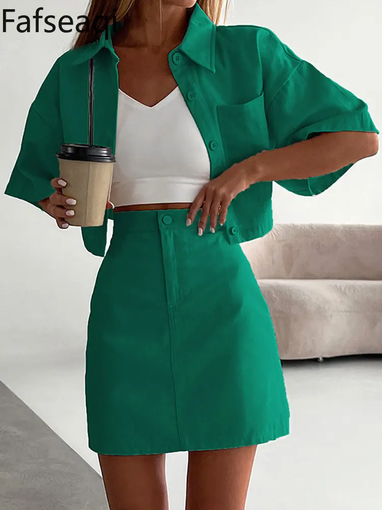 

Женский летний костюм из двух предметов с юбкой 2023, зеленые короткие рубашки на пуговицах, топ, хлопковая мини-юбка, комплект из двух предметов для женщин