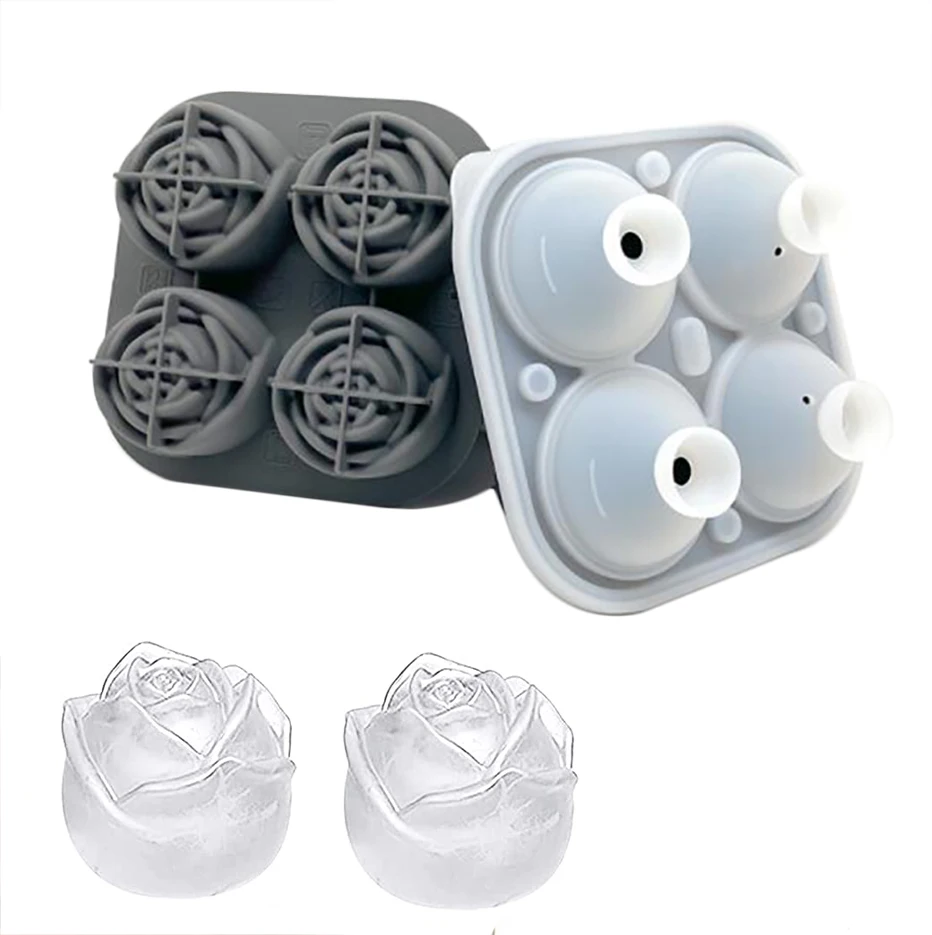 

3D Rose Ice Cube Trays 2.5inch Silicone 4 Grids Ice Cubes Mold with Funnel-Shaped Lid Reusable Frozen Mold for Whiskey Cocktails
