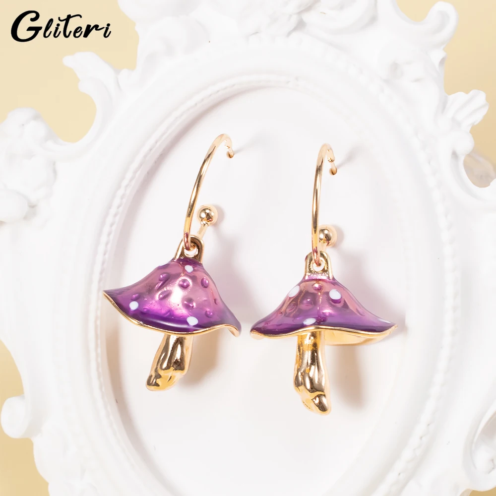 GEITERI New Cute Mushrooms Pendant Earrings For Women Girls Kids Purple Oil Drops Hoop Stud Earrings Fashion Jewelry Party Gifts