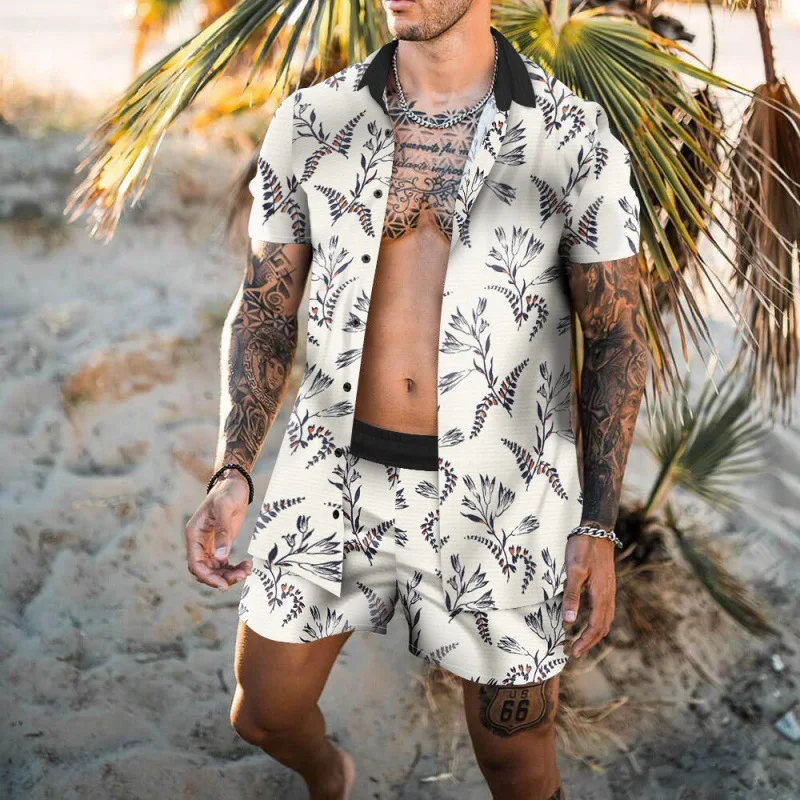 

Мужской спортивный костюм, повседневная Летняя Пляжная рубашка с коротким рукавом и шорты, костюм для отпуска, гавайский комплект из двух п...
