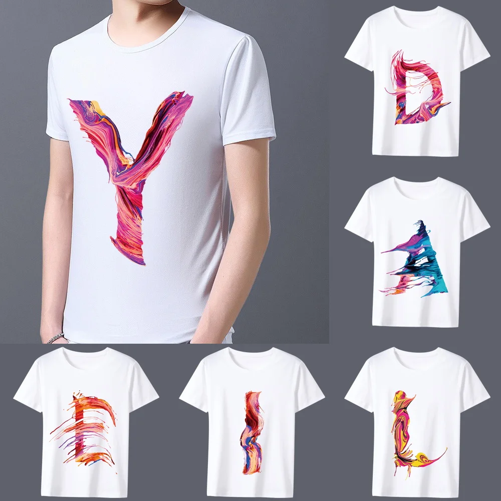 

Men's All-match T-shirt Printing 26 English Alphabet Paint Series O-neck Casual Commuting Comfortable Men's Slim Simple Soft Top