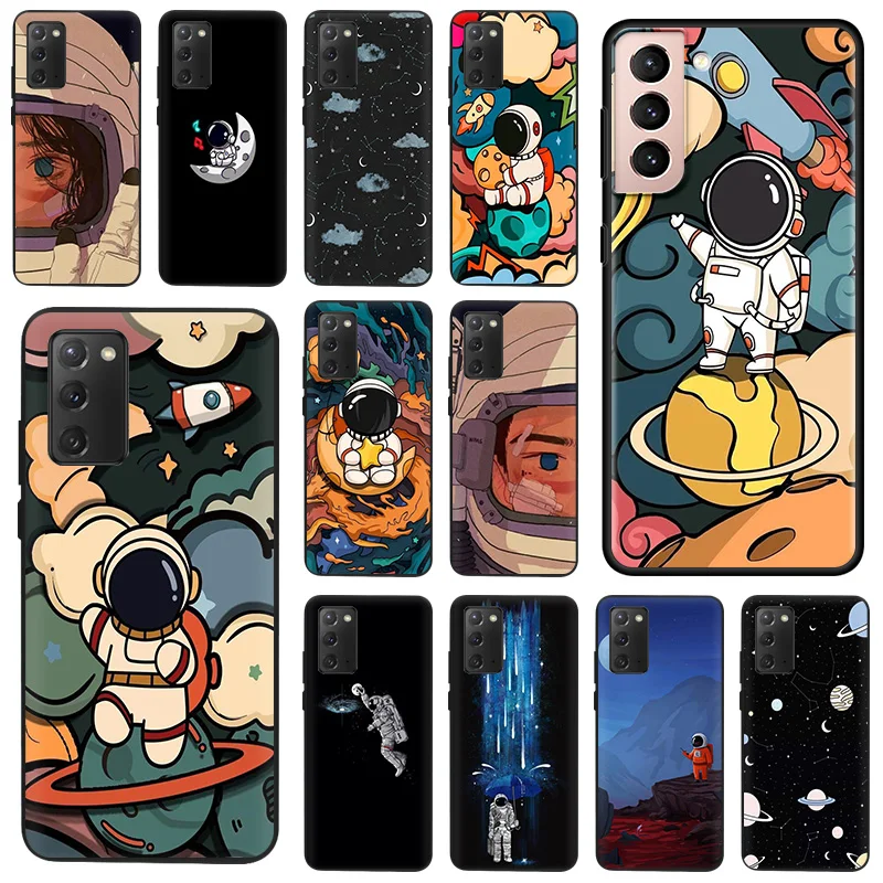 

Black Silicone Astronaut Moon Universe Phone Case for Samsung Note 20 Ultra 10 9 8 Galaxy S20 FE S21 S22 S10 Plus Rocket Cover