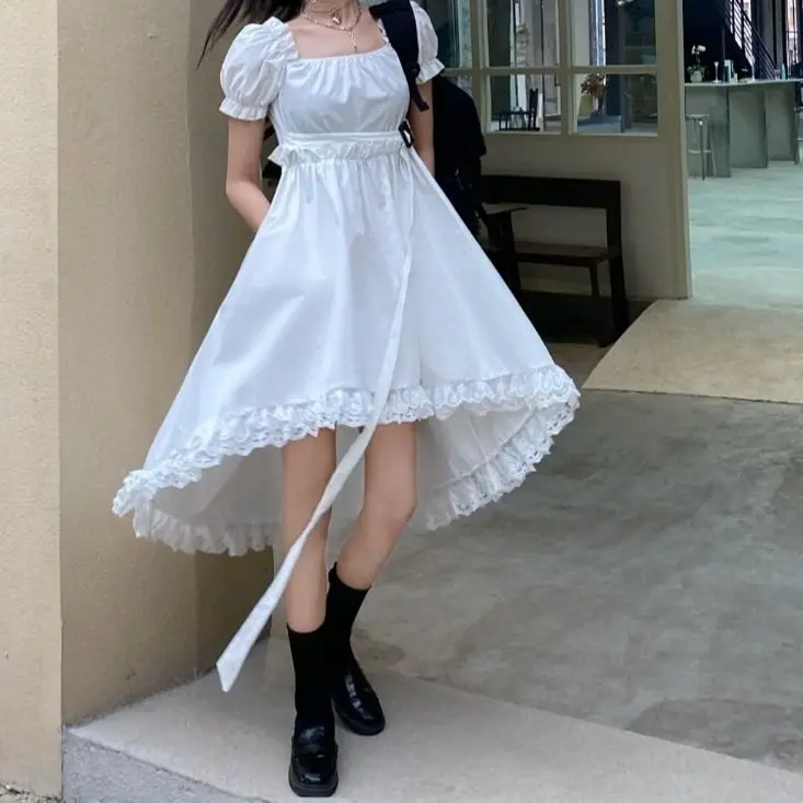 

Summer Square Neck Black Irregular Harajuku Gothic Black White Dress Women Vintage Fashion Korean Dress Mini Ladies Dresses