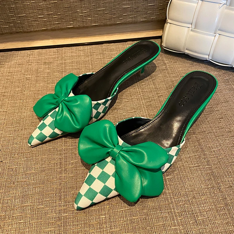 

Women Slippers Summer Sandals Designer Bow Sexy Flip Flops 2023 New Mid Heels Mules Shoes Pointed Toe Pumps Party Dress Zapatos