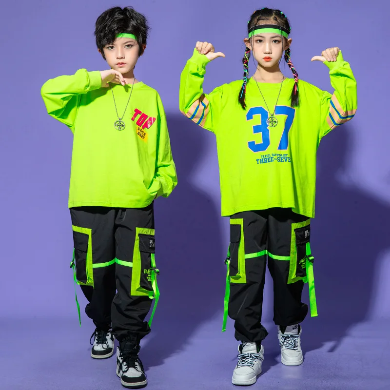 

Teen Boys Fashion T-stage Costumes Hip Hop Fluorescent Green Top + Pants 2pcs Girls Jazz Dance Catwalk Performance Suit 4-14 Yrs