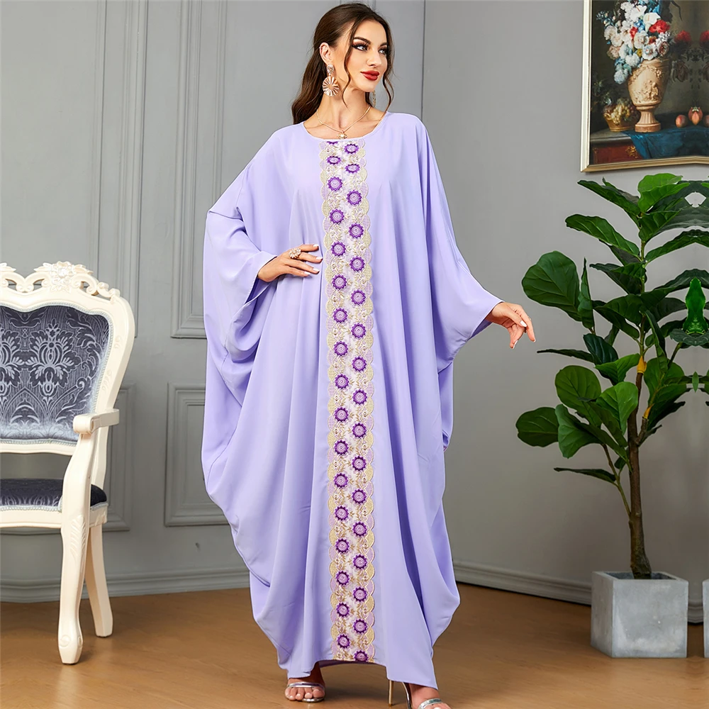 

Women Batwing Sleeve Dress Moroccan Kaftan Embroidery Loose Maxi Dresses Dubai Abaya Turkey Caftan Islamic Clothing Arabic Robe