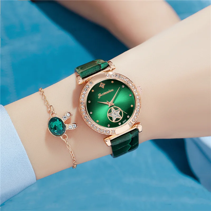 

Luxury Women Fashion Green Watches Qualities Diamond Studded Quartz Watch Ladies Leather Wristwatches Elegant Montre Femme