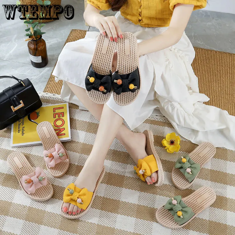 

WTEMPO Women Summer Casual Slides Comfortable Flax Slippers Striped Bow Linen Flip Flops Platform Sandals Ladies Indoor Shoes
