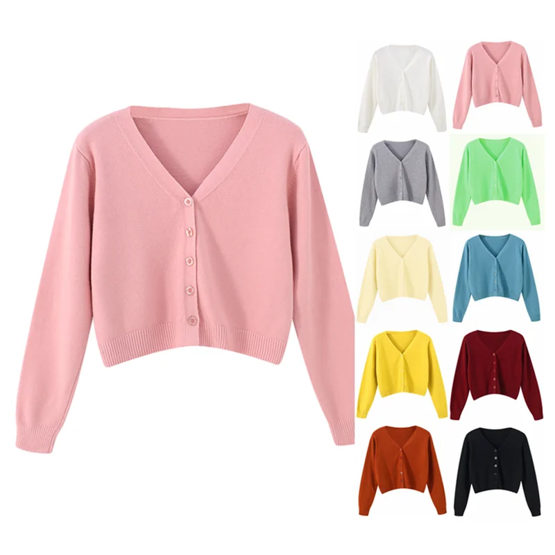 Pink Cardigan Womens Long Sleeve Cropped Green Sweater Fashion Knitted Womens Clothing Solf V-neck Tops 2022