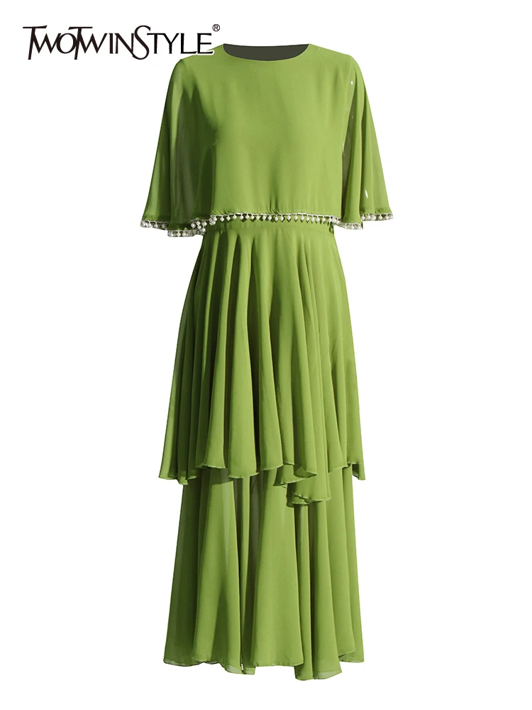 

TWOTWINSTYLE Solid Beading Dresses For Women Round Neck Short Sleeves High Waist Patchwork Lace Up Elegant Dress Female Fashion