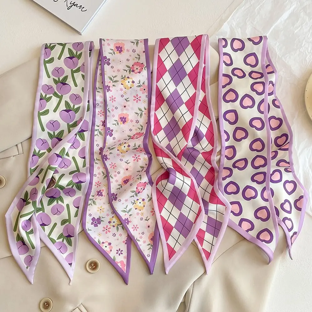

Grid Headband Ins Long Scarf Plaid Headscarf Lattice Women Hair Ribbon Satin Silk Scarf Flower Printed Scarf Floral