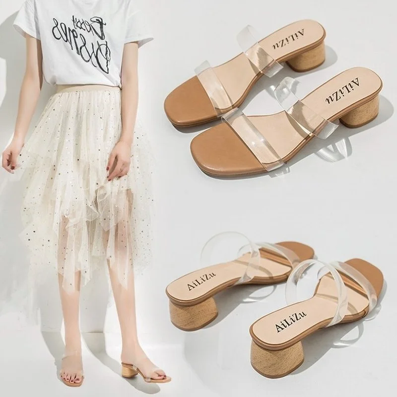 slippers women's summer 2022 new wear fashion one-word high-heeled mid-heeled thick heel Korean women's slippers slides women