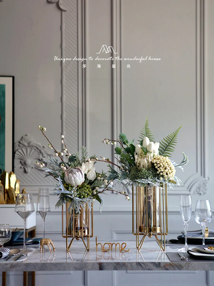 

Modern Light Luxury Metal Glass Vase Decoration Artificial Flower Container Model Room Floral Designer Home Ornament