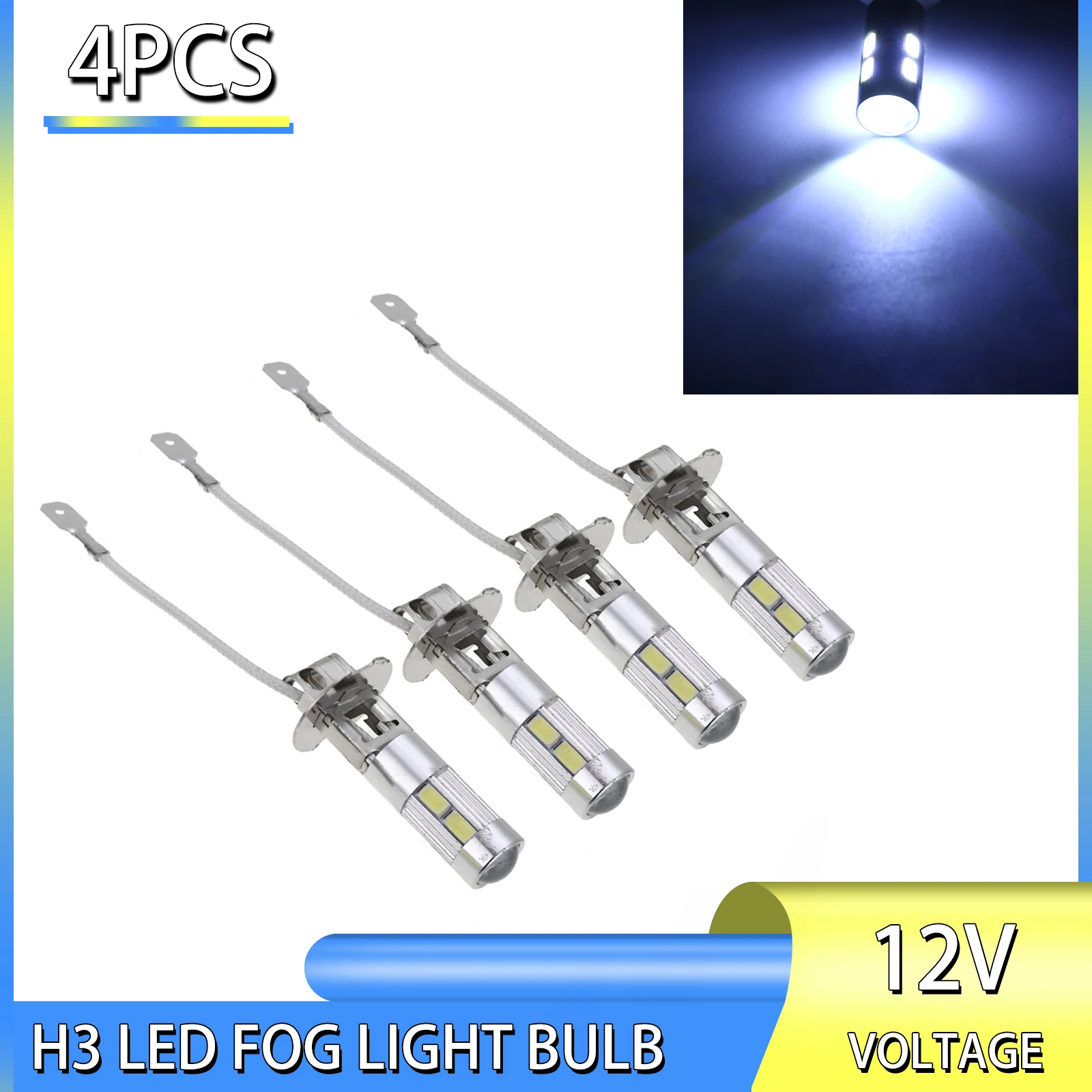 

4pcs/set H3 5630 10SMD White LED Car Fog Lamp Auto Driving Brake Parking Tail Light Signal Lamp Bulb