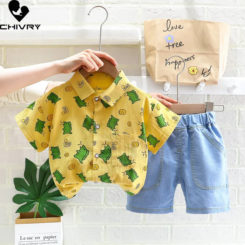 

Boys Summer Clothing Suit New Baby Boy Short Sleeve Lapel Cartoon Dinosaur Shirts with Denim Shorts Kids Fashion Clothes Sets