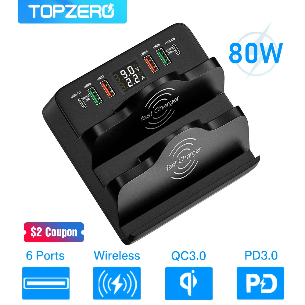 

80W Dual QC3.0 PD Fast Charger Station Dual Qi Wireless Charger For iPhone 13 12 X 8 Xiaomi Samsung Phone Type C USB Charger HUB