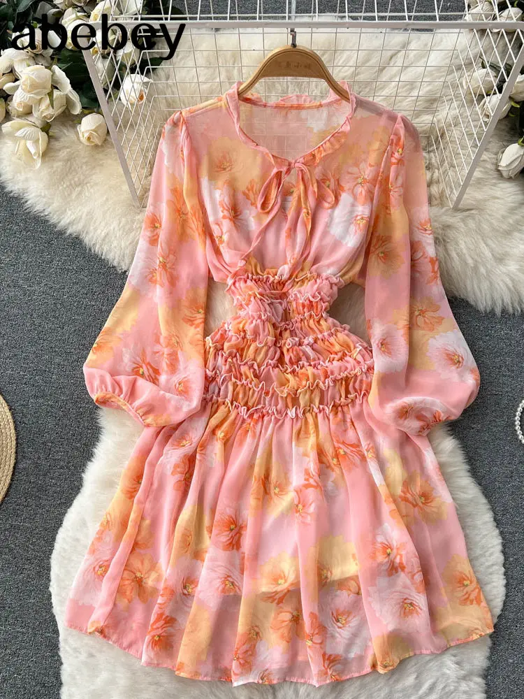 

Women Sexy Printed Short Dress Lady Elegant Long Sleeve Low V Neck Skirt Bohemia Style 2022 Summer Party Streetwear