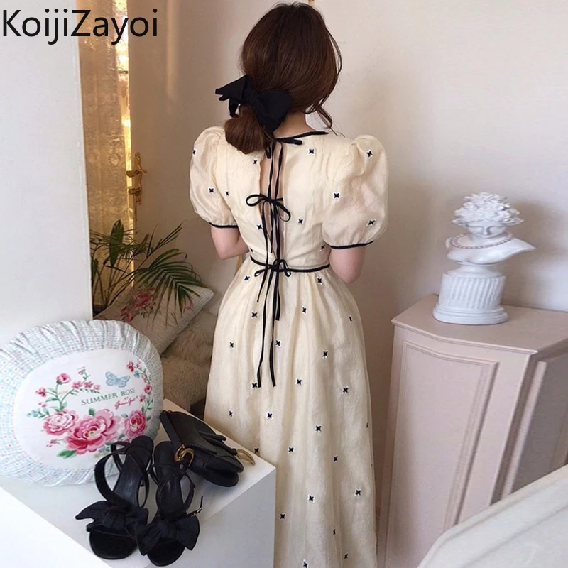 

Koijizayoi Women Summer Long Dress Korean Sweet Print Sexy Backless Dresses Bandage Bow Puff Sleeve Female Slim Chic Vestidos
