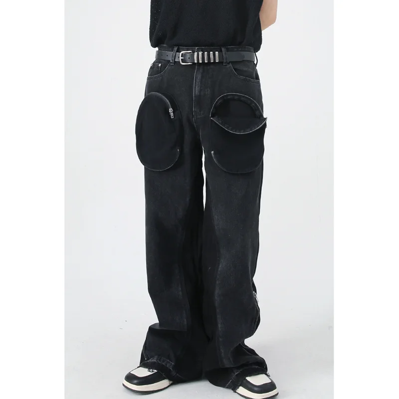 Streetwear Men Hip Hop Loose Straight Cylinder Casual Pants Versatile Comfortable Big Pocket Jeans 2022 Autumn and Winter Female