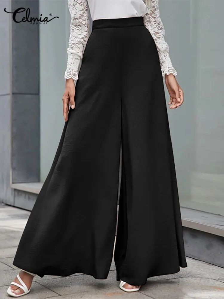 

Elegant Solid Color Long Trouser Celmia Fashion Wide Leg Pants Women High Waist Zipper Bottom Summer Wrinkle Streetwear Pantalon