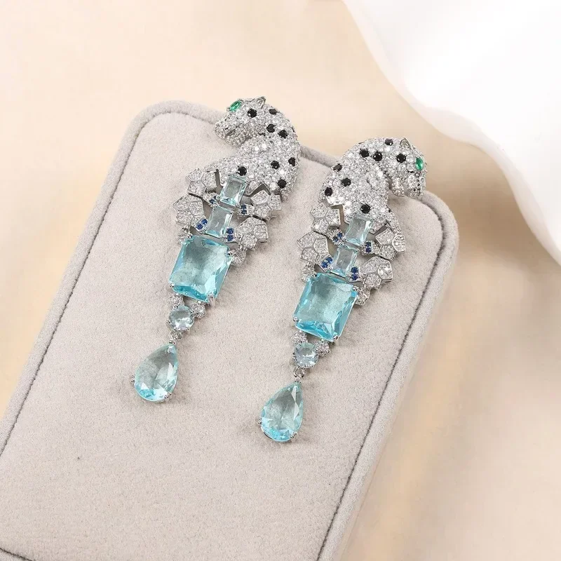 Full CZ Zircon Leopard Waterdrop Earrings Green Eyes Square Crystal 925 Needle Panther Animal for Women Party Gift