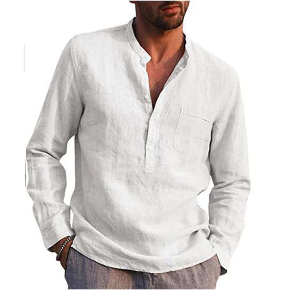 Рубашка мужская с длинным рукавом, хлопково-Льняная блуза с воротником-стойкой, Повседневная пляжная блуза, однотонная, лето
