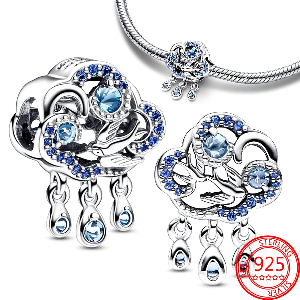 

Classic Real 925 Sterling Silver Blue Cloud & Swallow Charm fit Pandora Original Bracelet for Women DIY Jewelry Makings