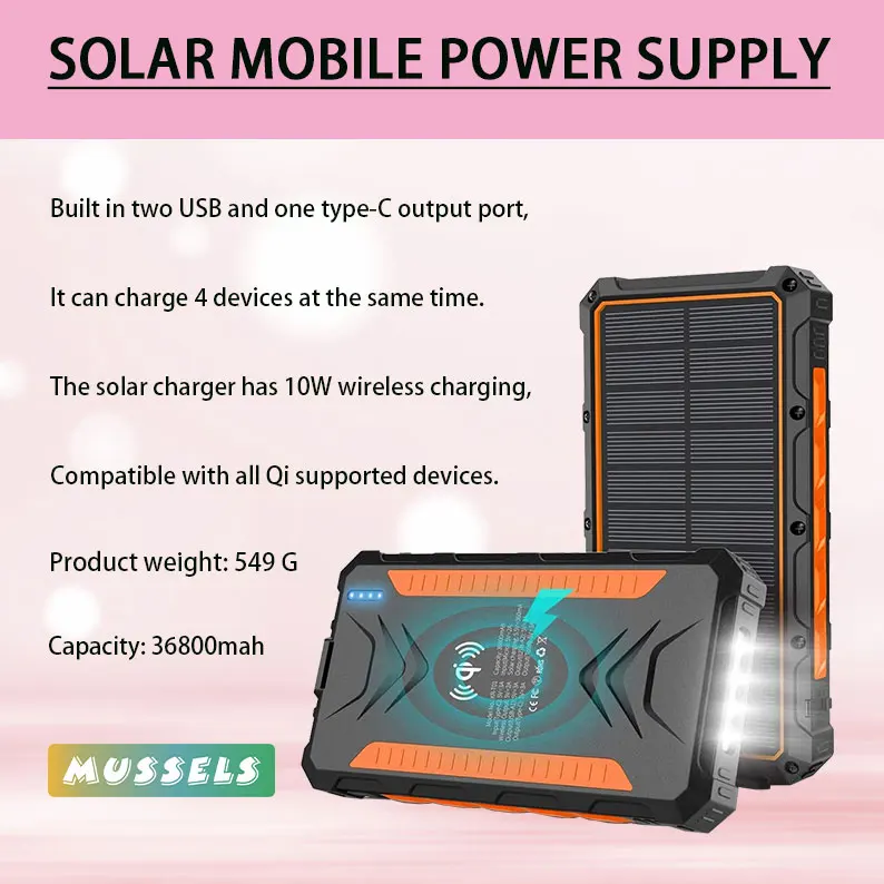 

36800mah solar mobile power supply, 5V / 3A output and 2 input high-capacity smartphone chargers, strong light LED flashlight