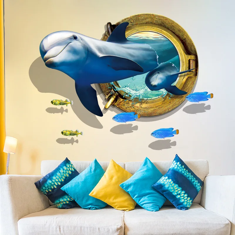 

Large Blue Dolphin Vinyl Mural Wall Paper PVC 3D Bedroom Living Room Home Decors Sticker Removable DIY Art Wall Stickers